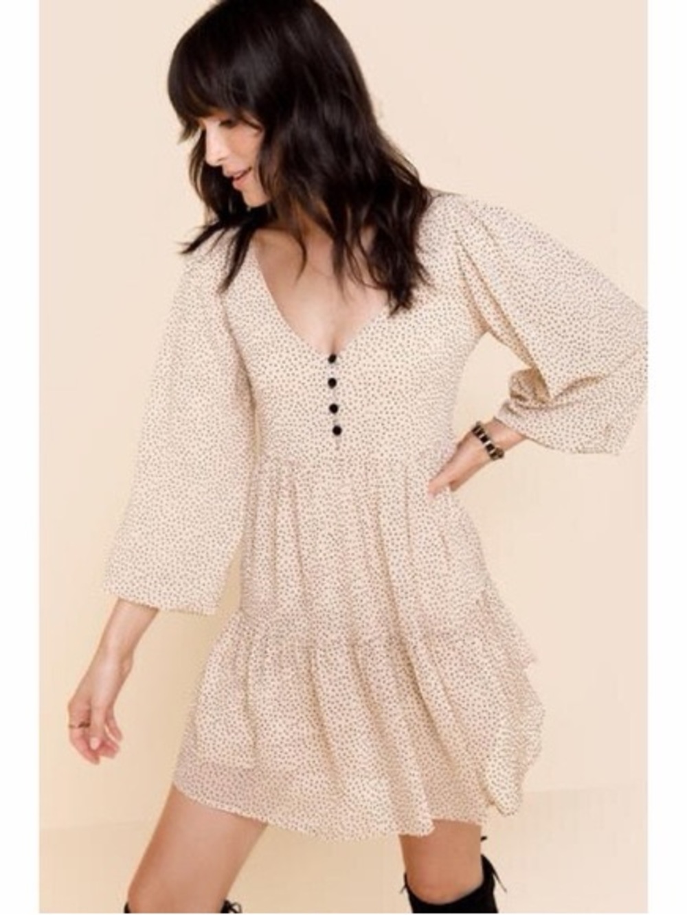 miami Beige Ditsy Floral V-Neck Tiered Mini Dress